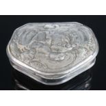 A George II silver pocket snuff-box, the hinged cover chased with a small landscape scene within a