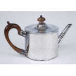 A George III silver bachelors teapot, of cylindrical form with fruitwood C-scroll handle and