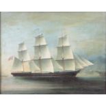 Mid-19th century Anglo-Chinese school - Marian; three-masted ship under full sail off Hong Kong, oil