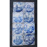 A matched set of eight blue and white delftware tiles, to include London examples, 18th century