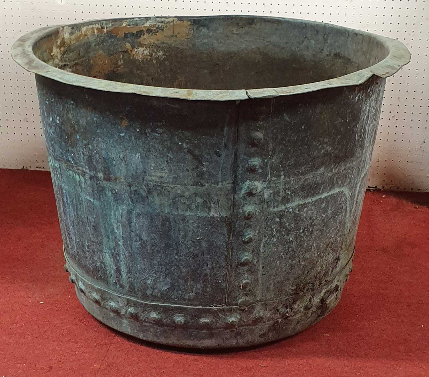 A circa 1900 large copper log bucket of circular form with riveted construction, verdigris patina, - Image 3 of 7