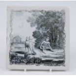 A Liverpool delftware tile, Sadler and Green, circa 1770, depicting the fox and the monkey, 12.5 x