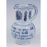 A Liverpool blue and white delftware puzzle jug, circa 1765, the three spouts and pierced neck above