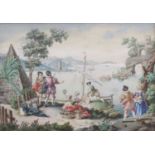 19th century continental school - Harbour scene with figures in medieval dress, pin-prick