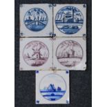 A matched set of five Dutch manganese and blue and white tiles, 18th century and later, each