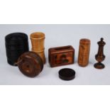 A small collection of 19th century and later treenwares, to include a burr elm sovereign case of