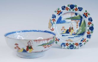 A Lambeth polychrome delftware bowl, attributed to Abigail Griffith, circa 1770, decorated with an
