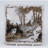 A Liverpool delftware tile, Sadler and Green, circa 1770, depicting the fox and the lamb, 12.5 x