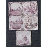 A matched set of five Dutch manganese and white tiles, 18th century, depicting Biblical scenes and