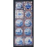 A Bristol polychrome delftware tile, circa 1725-50, decorated with buildings within a petal roundel,