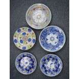 A collection of five Spanish polychrome glazed earthenware dishes, to inlcude Manises examples, 19th