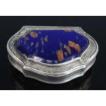 A mid-18th century silver pocket snuff-box, having lapis lazuli inset hinged cover and gilt-washed