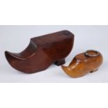 A Victorian mahogany novelty table snuff box, in the form of a clog with rotating cover, h.6cm,