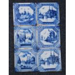 A set of six English and Dutch blue and white tiles, 18th century, depicting a landscape within a