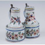 A Delft oil and vinegar cruet set and stand, early 18th century, each of baluster form, having
