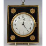 An antique wall or bedside clock, having a convex white enamel Arabic dial, dia.10cm, driven by a