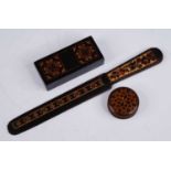 A Victorian rosewood Tunbridge ware page turner / letter opener, the blade with geometric designs to