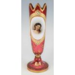 A Bohemian ruby glass vase, 19th century, decorated with a head and shoulders portrait of
