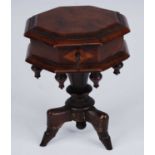 A Victorian walnut miniature/apprentice piece work table, the hinged octagonal top opening to reveal