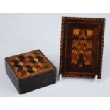 A Victorian rosewood and Tunbridge ware visiting card case, of typical rectangular form, 10 x 7cm,
