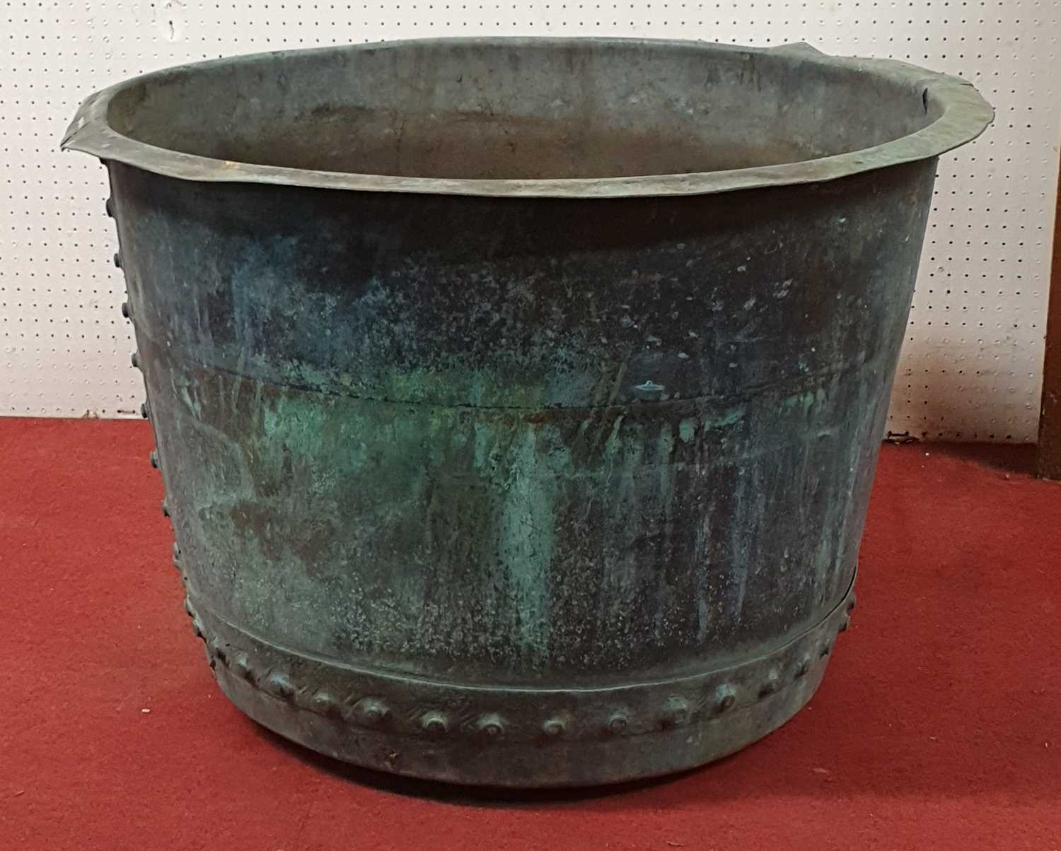 A circa 1900 large copper log bucket of circular form with riveted construction, verdigris patina, - Image 2 of 7