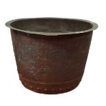 A circa 1900 copper log bucket of circular form with riveted construction, height 46.5cm, dia. 64.
