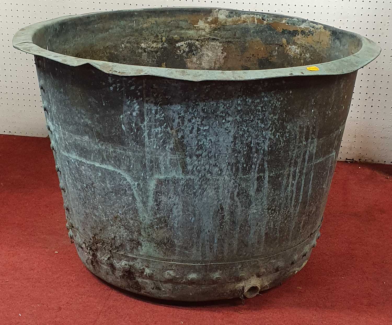 A circa 1900 large copper log bucket of circular form with riveted construction, verdigris patina, - Image 7 of 7