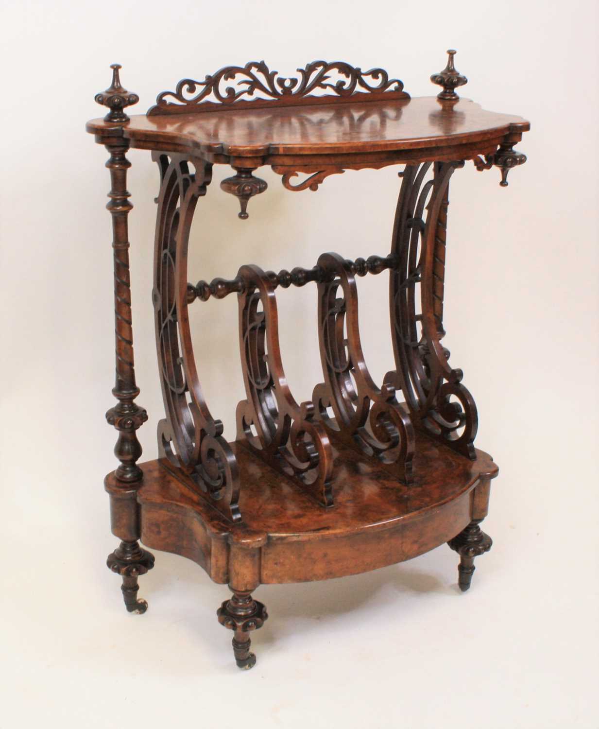 A mid Victorian walnut and figured walnut Canterbury whatnot of shaped outline with concealed base - Image 3 of 3