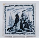 A Liverpool delftware tile, Sadler and Green, circa 1757-61, depicting a couple in a garden beside a