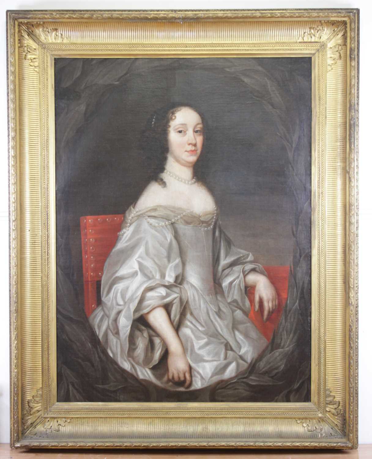 18th century English school - half-length portrait of a woman wearing a silk dress and pearl choker, - Image 2 of 10