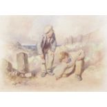 James Hardy Jnr (1832-1899)- Boys playing marbles with the sea beyond, watercolour, signed lower