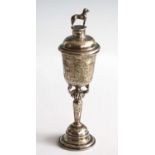 A George V silver Kennel Club miniature pedestal trophy cup and cover, the stepped and reeded