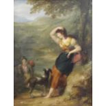 Henry Howard (1769-1847)- Landscape scene with maiden, attendant dog and traveller, oil on panel, 39