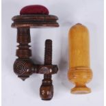 A Victorian oak needlework clamp, the circular top with pin cushion on a ring turned column with