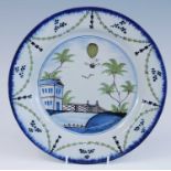 A Lambeth polychrome delftware plate, Thomas Morgan and Abigail Griffith, circa 1785, depicting