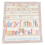 A Victorian needlework alphabet sampler by Claire Henrietta Lascelles, unframed, 43 x 37cm