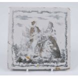 A Liverpool delftware tile, Sadler and Green, circa 1770, depicting the sailor's return, 12.5 x 12.