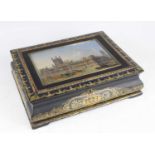 A Victorian papier-mâché deed or writing box, the hinged cover mother of pearl inset with The Houses