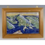 A Cobridge Stoneware framed plaque decorated with seagulls, impressed and painted marks, dated