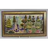 A Cobridge Stoneware framed plaque decorated with flowers, trees and a wheelbarrow, impressed and