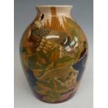 A large Black Ryden pottery trial vase, underglaze painted with quails, designed by Carol Lovatt,