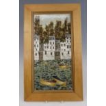 A Cobridge Stoneware framed plaque decorated with fishing boats and houses, impressed and painted