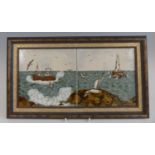 A Cobridge Stoneware framed plaque decorated with trawler, lighthouse and seagulls, impressed and