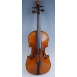 A Continental violin, having a two-piece maple back and spruce top with ebony fingerboard and