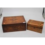 A Victorian rosewood amboyna and boxwood inlaid work box (lacking interior), width 30.5cm,