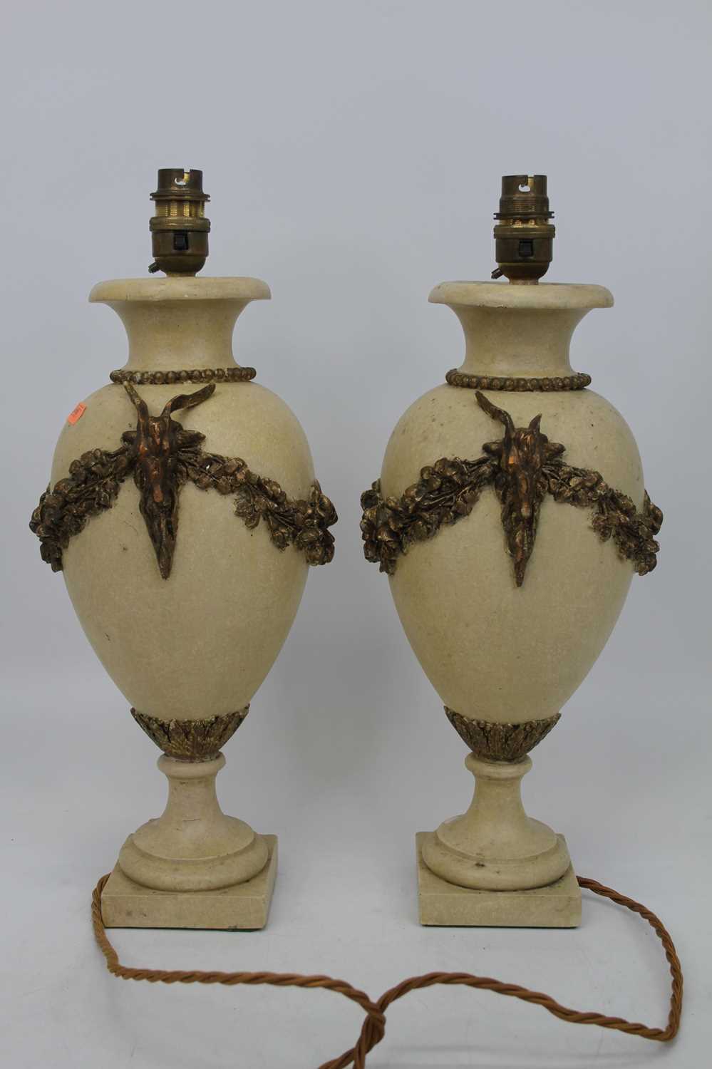 A pair of marble table lamps, each of baluster form having gilt metal mounts with ram's mask and - Image 2 of 2
