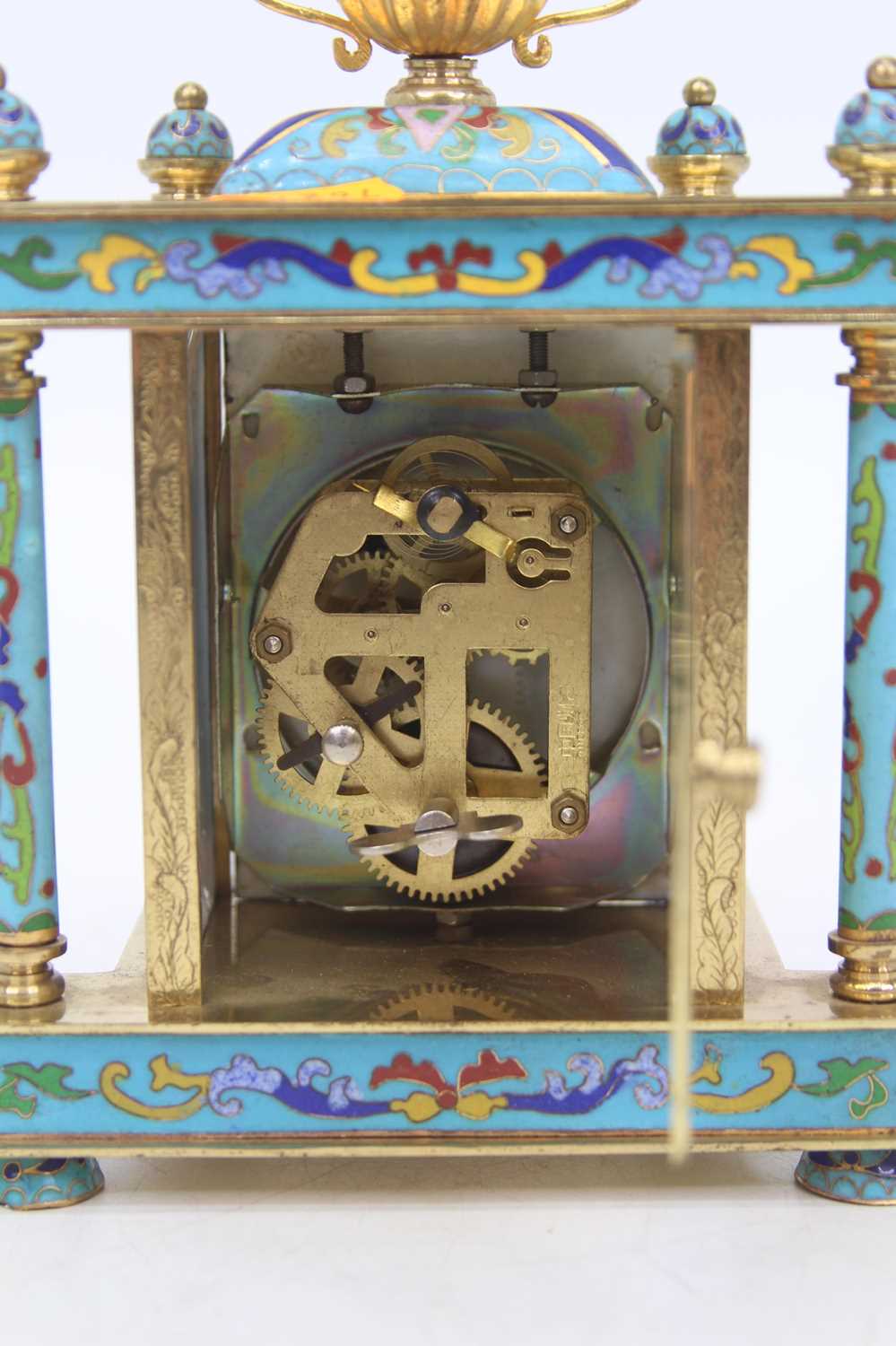 A lacquered brass and cloisonne enamelled timepiece, of architectural form, the dome top - Image 3 of 4