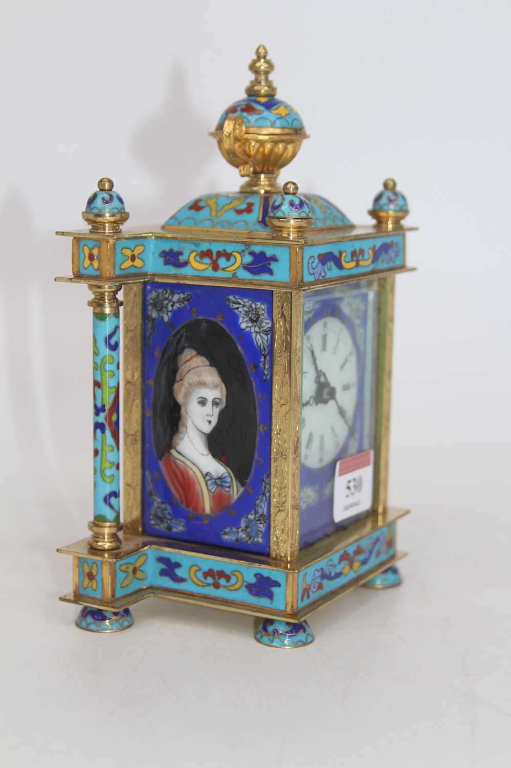 A lacquered brass and cloisonne enamelled timepiece, of architectural form, the dome top - Image 4 of 4