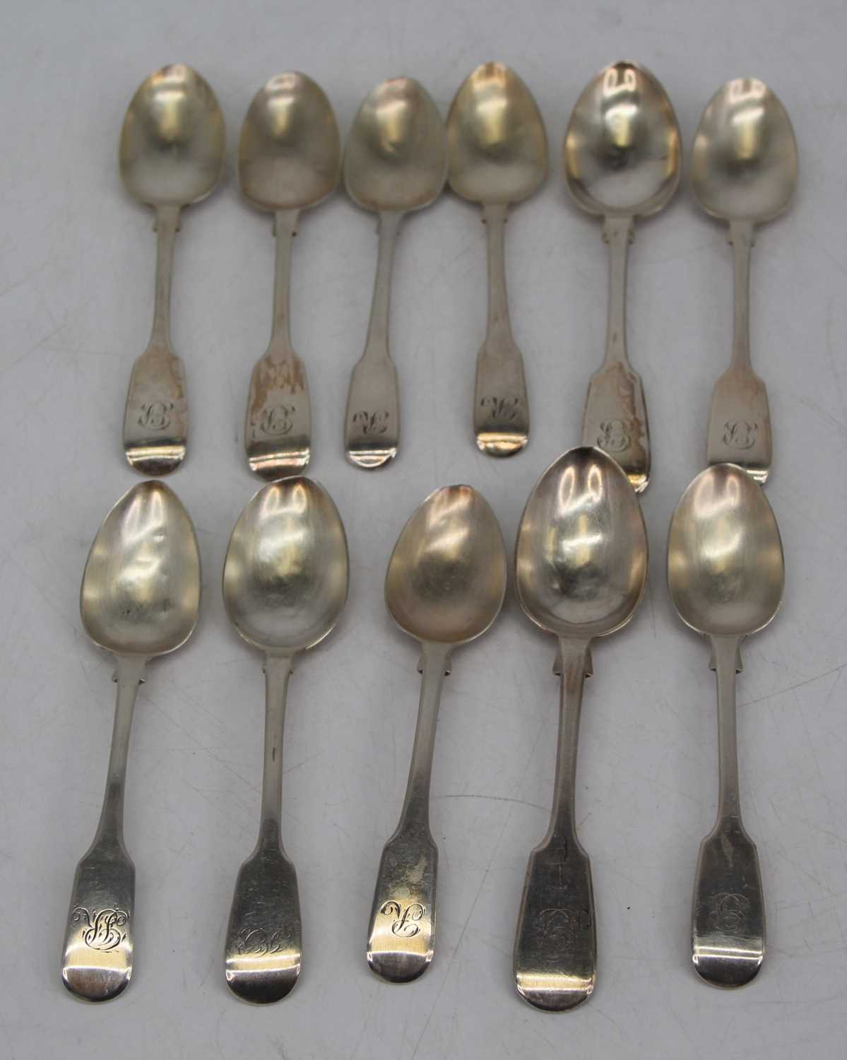 A set of five Victorian silver Fiddle pattern teaspoons, Edinburgh 1848; together with a similar set