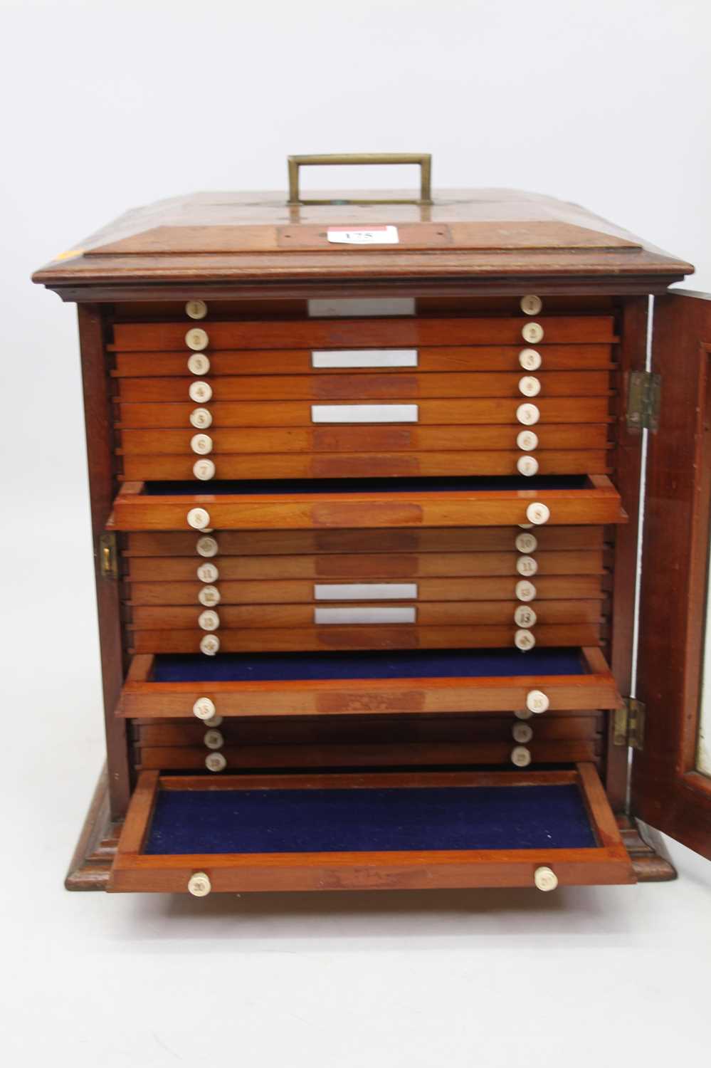 A late Victorian walnut table top collector's cabinet fitted with 20 of 21 short drawers, each - Image 2 of 3